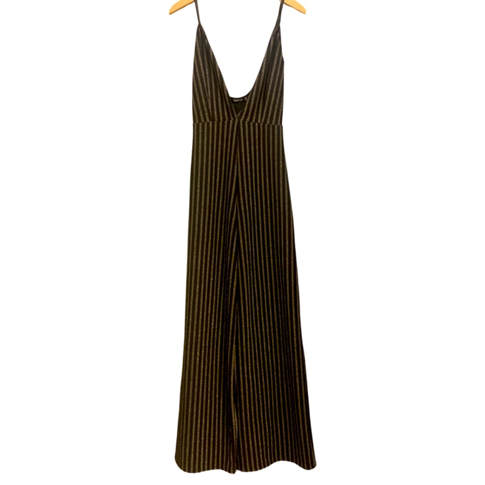 Boohoo Black and Gold Sparkly Deep V Jumpsuit